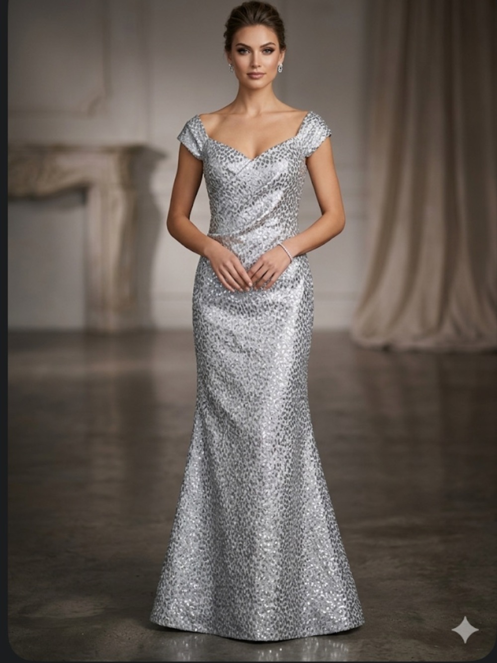 Rene Ruiz Silver Sequin Off-Shoulder Mermaid Gown